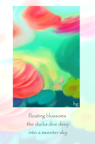 'floating blossoms / the ducks dive deep / into a sweeter sky' by Heike Gewi