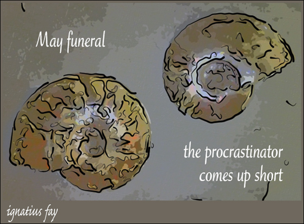 'May funeral / the procrastinator / comes up short" by Ignatius Fay