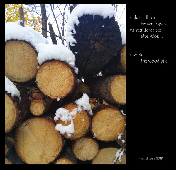 'flakes fall / on brown leaves / winter demands attention... / i work the woodpile' by Michael Seese