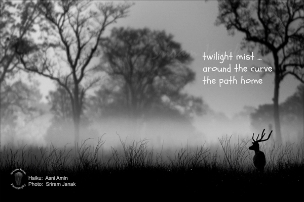 'twilight mist... / around the curve / the path home' by Asni Amin. Art by Sriam Janak
