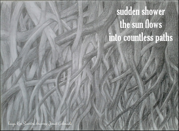 'sudden shower/ the sun flows / in countless paths' by Ken Sawitri. Art by Jimat Achmadi