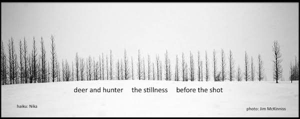 "deer and hunter / the stillness / before the shot' by Nika. Art by Jim McKinnis