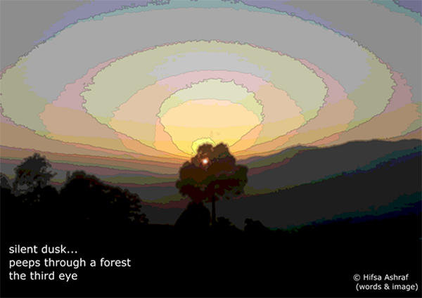 'silent dusk... / peeps through a forest / the third eye' by Hifsa Ashraf