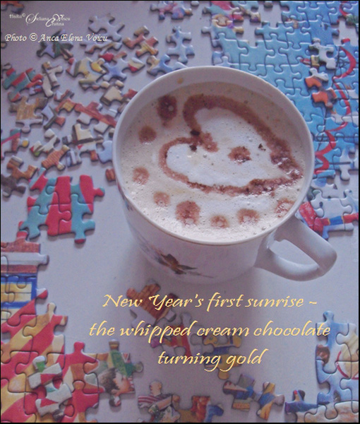 'New Year's first sunrise� / the whipped cream chocolate / turning gold' by Steliana Voicu. Art by Anca Elena Voicu