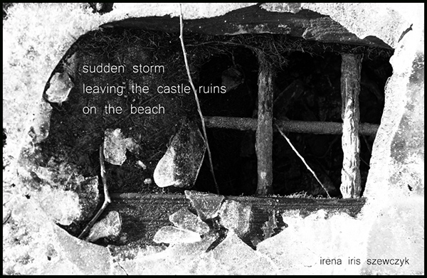 'sudden storm / leaving the castle ruins / on the beach' by Irena Scewczyk. Haiku first published in Cattails May 2016 (Editor's Choice).