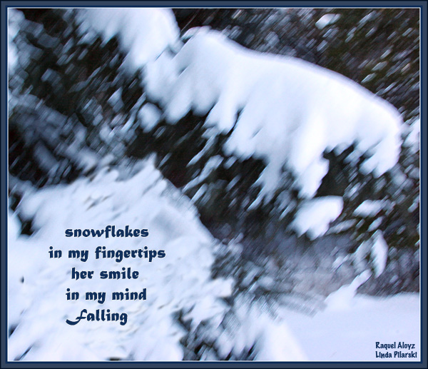 'snowflakes/in my fingertips / her smile / in the back of my mind / falling' by Raquel Aloyz. Art by Linda Pilarski.
