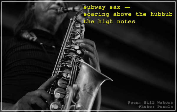 'subway sax— / soaring above the hubbub / the high notes" by Bill Waters. Art by Pexels