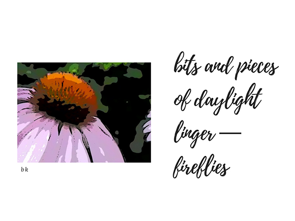 'bits and pieces / of daylight / linger— / fireflies' by Barbara Kaufmann