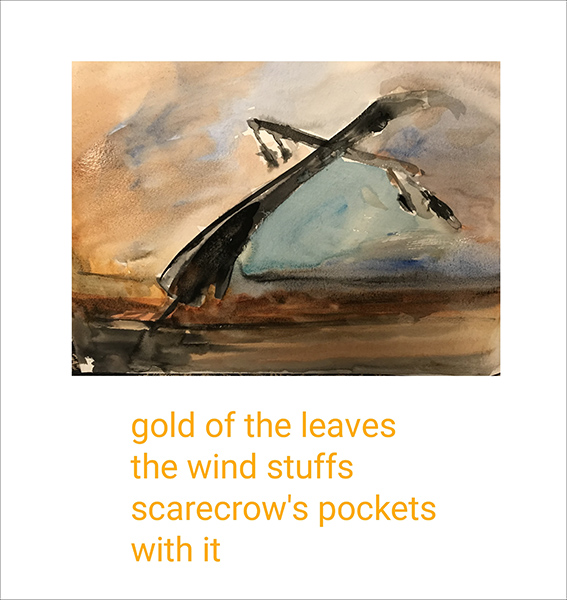 'gold of the leaves / the wind stuffs / scarecrow's pockets / with it' by Eugeniusz Zacharski. Art by Jakob Pokrak