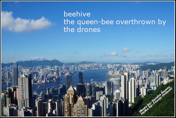 'beehive / the queen-bee overthrown by / the drones' by Franco Ordanic. Art by Sandra Samec