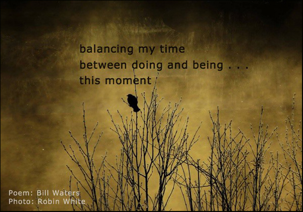 'balancing my time / between doing and being... / this moment' by Bill Waters. Artby Robin White