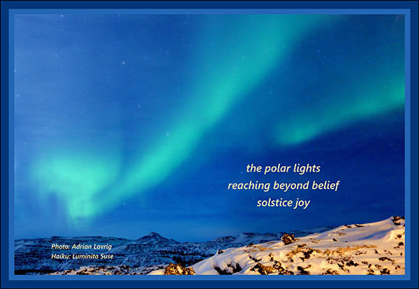 'the polar lights / reaching beyond belief / solstice joy' by Luminata Suse. Art by Adrian Lavrig