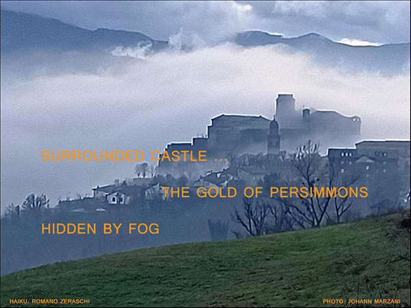 'surrounded castle... / the gold of persimmons / hidden by fog' by Romano Zeraschi. Art by Johann Marzani