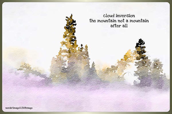 'cloud inversion / the mountain not a mountain / after all' by Debbie Strange. Haiku first published in Frogpond 45.1, 2022