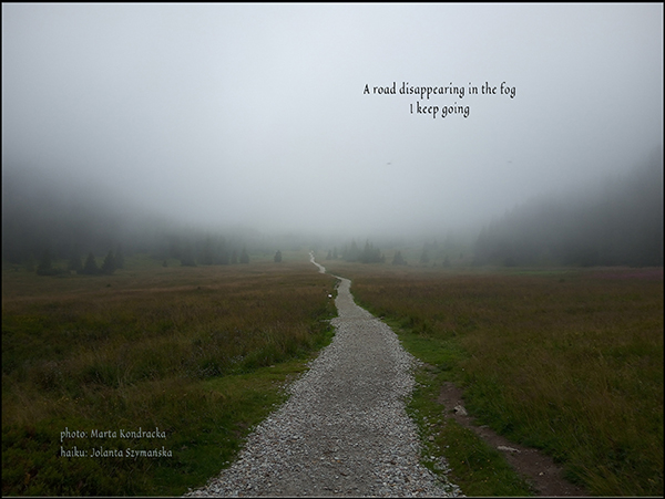 ' a road disappearing in the fog / i keep going' by Jolanta Szymanska.  Art by Marta Kondracka
