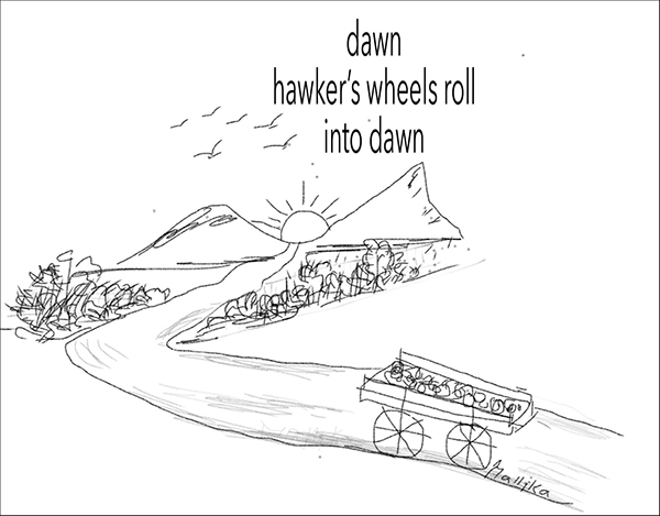 'dawn / hawker's wheels roll / into dawn' by Mallika Chari