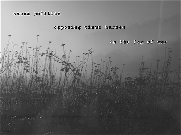 'sauna politics / opposing views harden / in the fog of war' by John Hawkhead