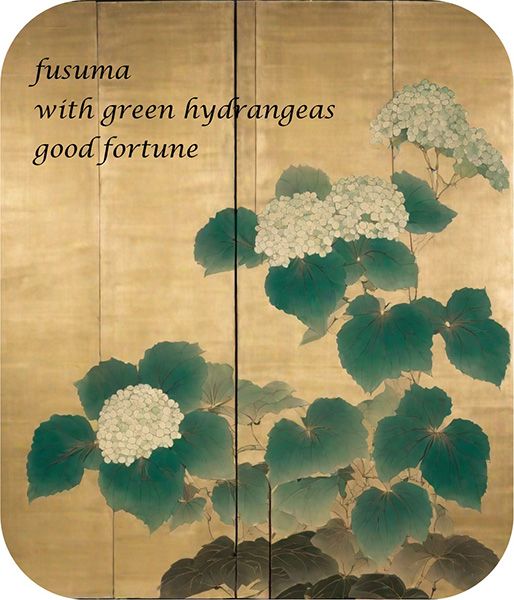 'fusuma / with green hydrangeas / good fortune' by Vicki Copp.  Haiku first published in Allpoetry 2 November, 2023