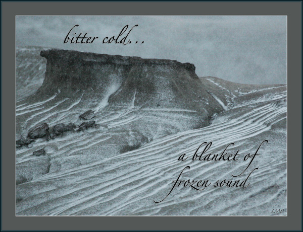 'bitter cold / a blanket of  / frozen sound' by Linda Pilarski. Haiku first published in DailyHaiku, Cycle 6, 2008.