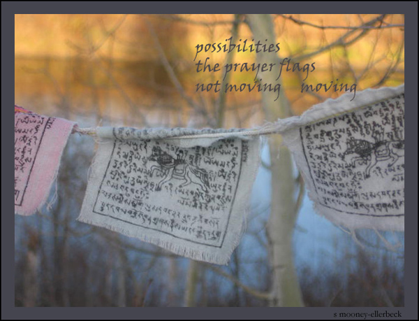 'possibilities / the prayer flags / not moving    moving' by Sandra Mooney Ellerbeck. Haiku first published in DailyHaiku, Cycle 8, 2010.