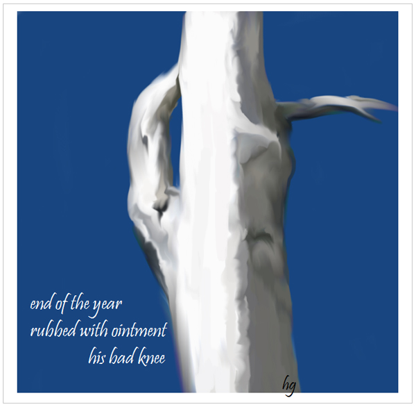 'end of the year / rubbed with ointment / his bad knee' by Heike Gewi. Haiku first published in Asahi Newspaper 17:12, 2010
