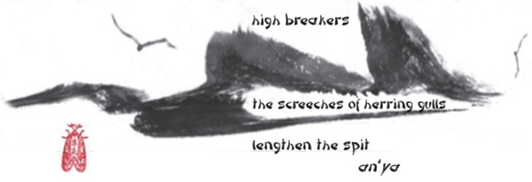 'high breakers / a herring gull's screeching / lengthens the spit' by an'ya