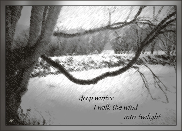 'deep winter / I walk the wind / into twilight' by Lary Fraser. Haiku first published in Roadrunner IX:1, February 2009.