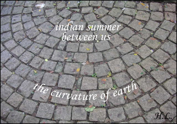 'indian summer / between us / the curvature of earth' by Hugh Lemma. Art by mamta madhavan.