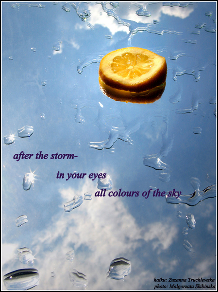 'after the storm / in your eyes / all the colours of the sky' by Zuzanna Truchlewska. Art by Malgorzata Skibinska