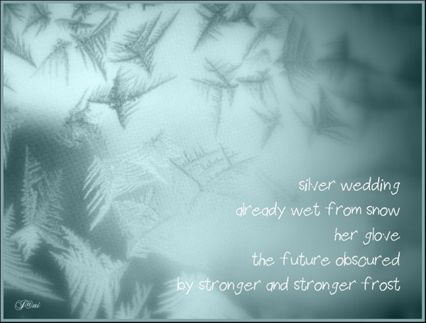 "silver wedding / already wet from the snow / her glove / the future obscured / by stronger and stronger frost' by Janina Kolodziejczyk.