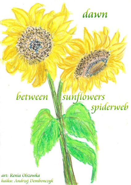 'dawn / between sunflowers / spiderweb' by Andrzej Dembonczyk. Art by Renia Olszowka