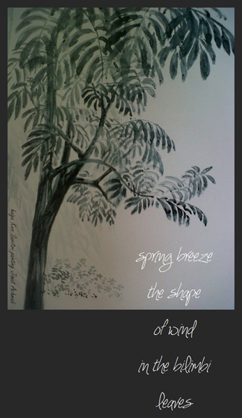 'spring breeze / the shape / of wind / in the bilimbi / leaves' by Ken Sawitri. Art by Jimat Achmadi.