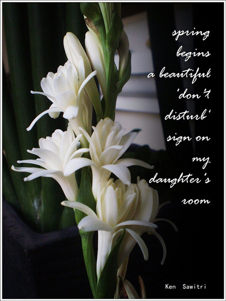 'spring begins a beautiful "don't disturb" sign on my daughter's room' by Ken Sawitri