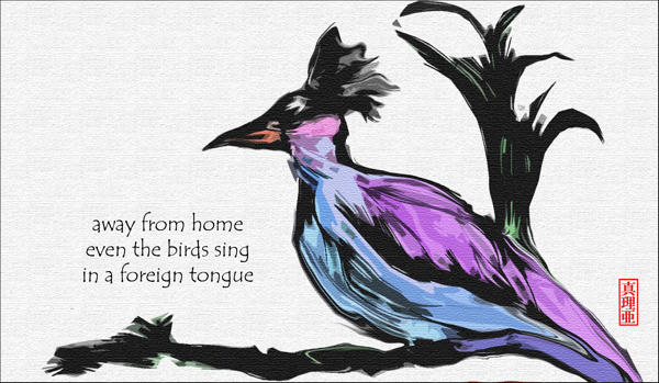 'away from home / even the birds sing / in a foreign tongue' by Maria Tomczak