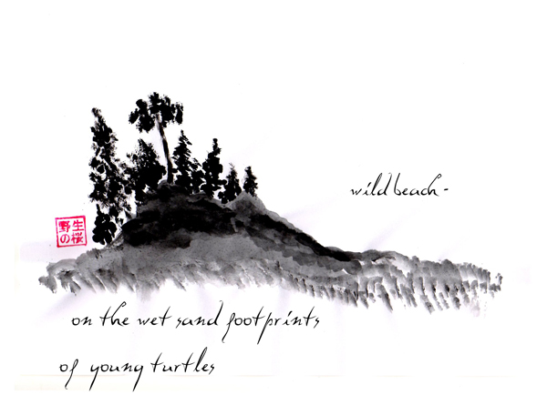 'wild beach / on the wet sand footprints / of young turtles' by Janina Kolodziejczyk