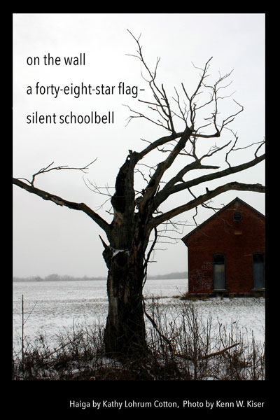 'on the wall / a forty-eight star flag / silent schoolbell' by Kathy Lohrum Cotton. Art by Kenn W. Kiser.