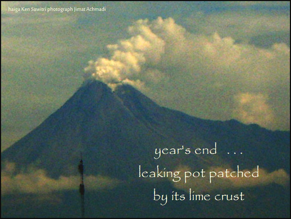 'year's end... / leaking pot patched / by its lime crust' by Ken Sawitri. Art by Jimat Achmadi