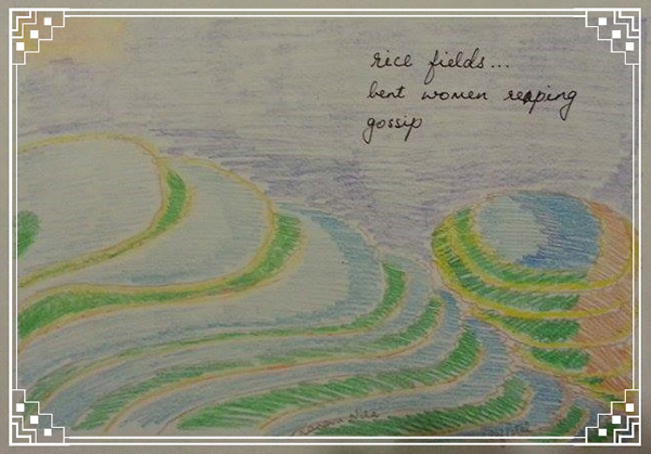 'rice fields... / bent women reaping / gossip' by Ramesh Anand. Art by S. Patel.