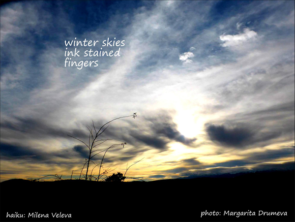 'winter skies / ink stained / fingers' by Milena Veleva. Art by  Margarita Drumeva
