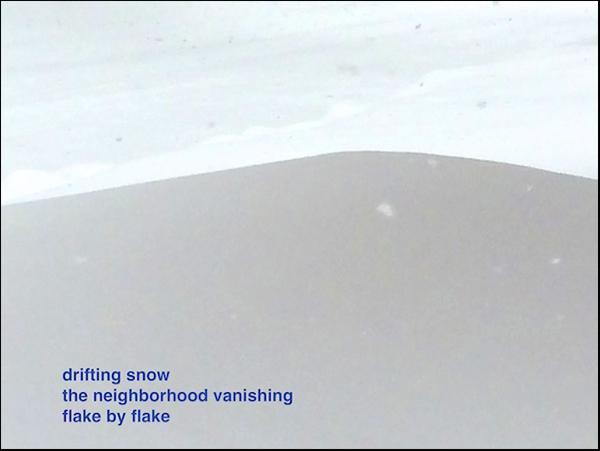 'drifting snow / the neighbourhood vanishing / flake by flake' by Doug Norris