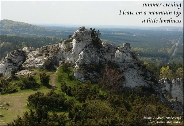 'summer evening / I leave on a mountain top / a little lonliness' by Andrzej Dembonczyk. Art by Iwona Magnuska