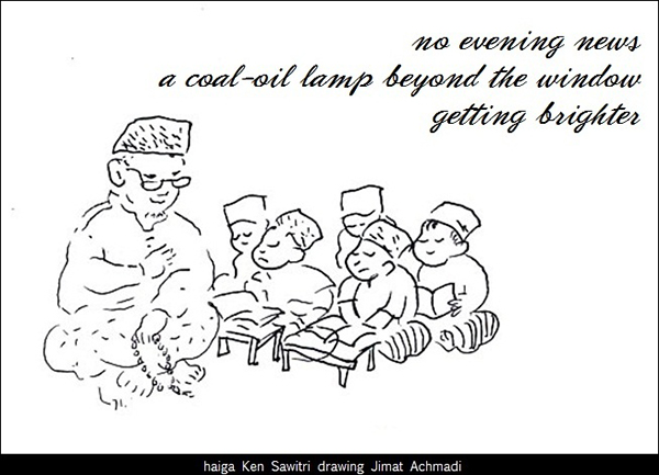 'no evening news / a coal oil lamp beyond the window / getting brighter' by Ken Sawitro. Art by Jimat Achmadi. Haiku first published in European Quarterly Kukai, 12th Edition, Winter 2015