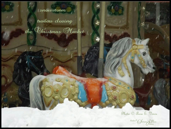 'snowstorm / traders closing / the christmas market' by Steliana Voicu. Art by PE Voicu