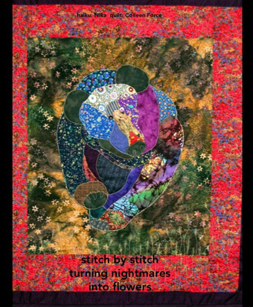 'stitch by stitch / turning nightmares / into flowers' by Nika. Art by Colleeen Force