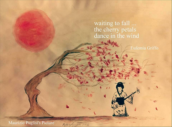 'waiting to fall... / the cherry petals / dance in the wind' by Eufemia Griffo. Art by Mario Puglisi
