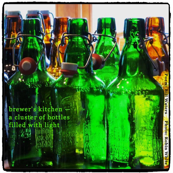 'brewer's kitchen / a cluster of bottles / filled with light' by Bill Waters. Art by Robin White
