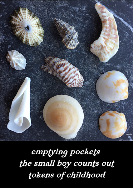 'emptying pockets / the small boy counts out / tokens of childhood' by John Hawkhead