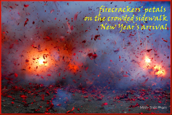 'firecrackers' petals / on the crowded sidewalk / New Year's arrival' by Minh Pham