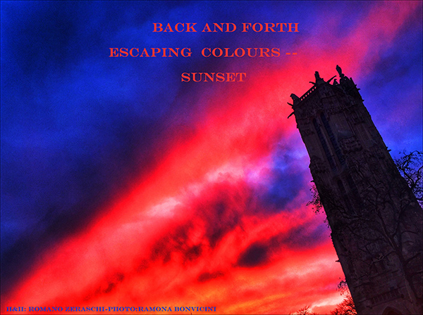 'back and forth / escaping colors— / sunset' by Romano Zeraschi. Art by Ramona Bonvincini
