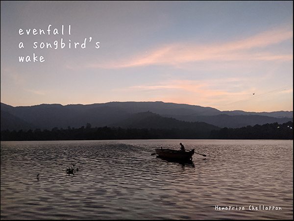 'evenfall / a songbird's / wake' by Hemapriya Chellappan